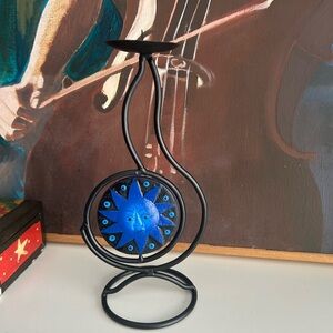 Vtg Artistic Sun & Moon Black and Blue Metal Candle Holder